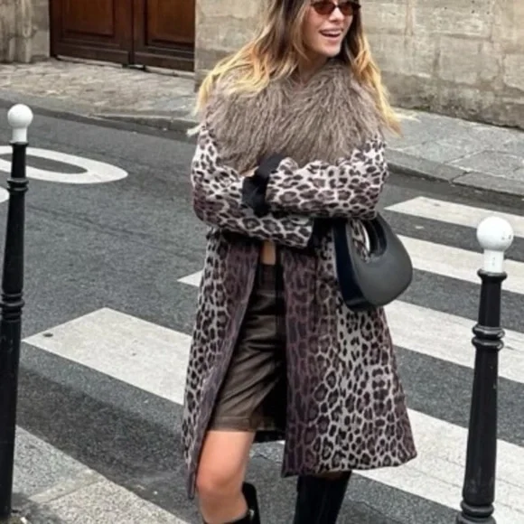 Leopard Print Faux Fur-Trim Trench Coat - Brown - Picture 1 of 5